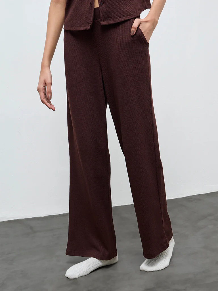 Superstar Dark Brown Waffle-Textured High-Rise Pants - Image 2