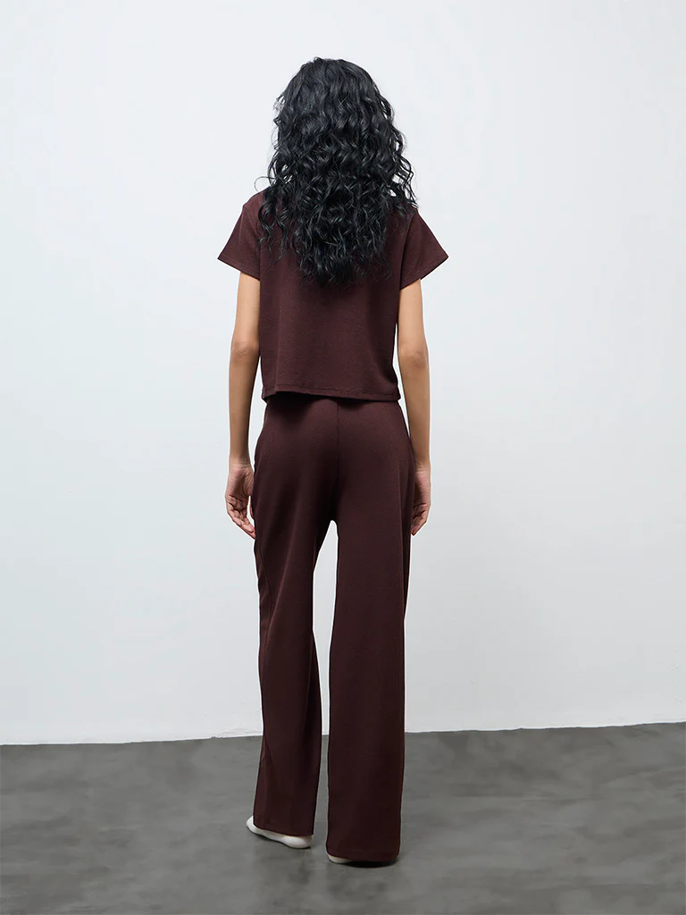 Superstar Dark Brown Waffle-Textured High-Rise Pants - Image 4