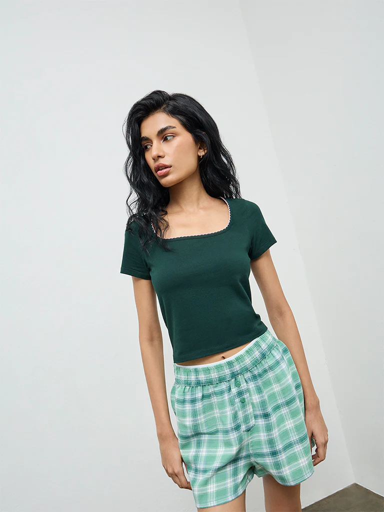 Superstar Dark Green Solid Cotton-Blend Top