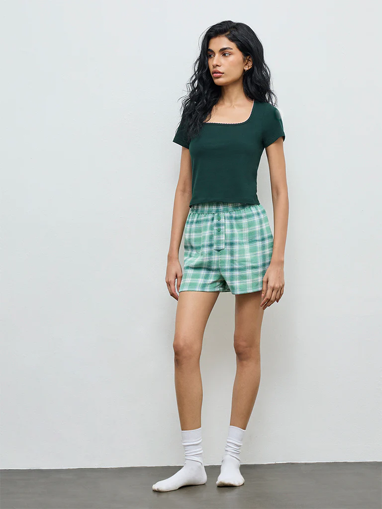 Superstar Dark Green Solid Cotton-Blend Top - Image 2