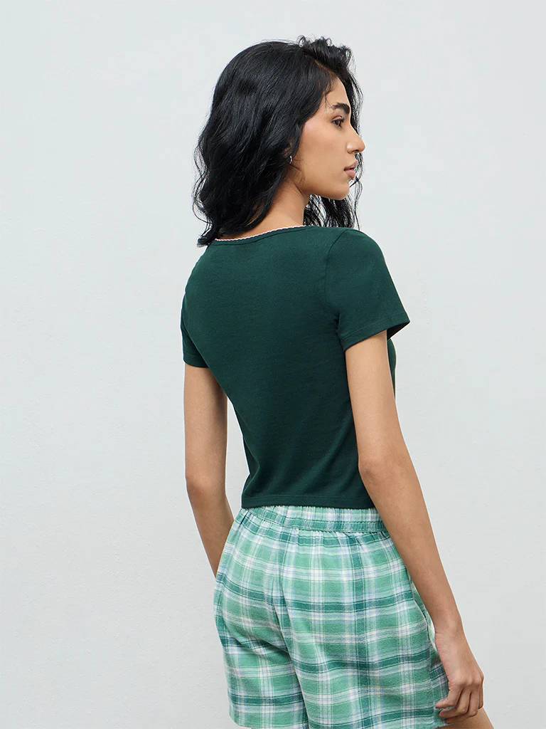 Superstar Dark Green Solid Cotton-Blend Top - Image 4