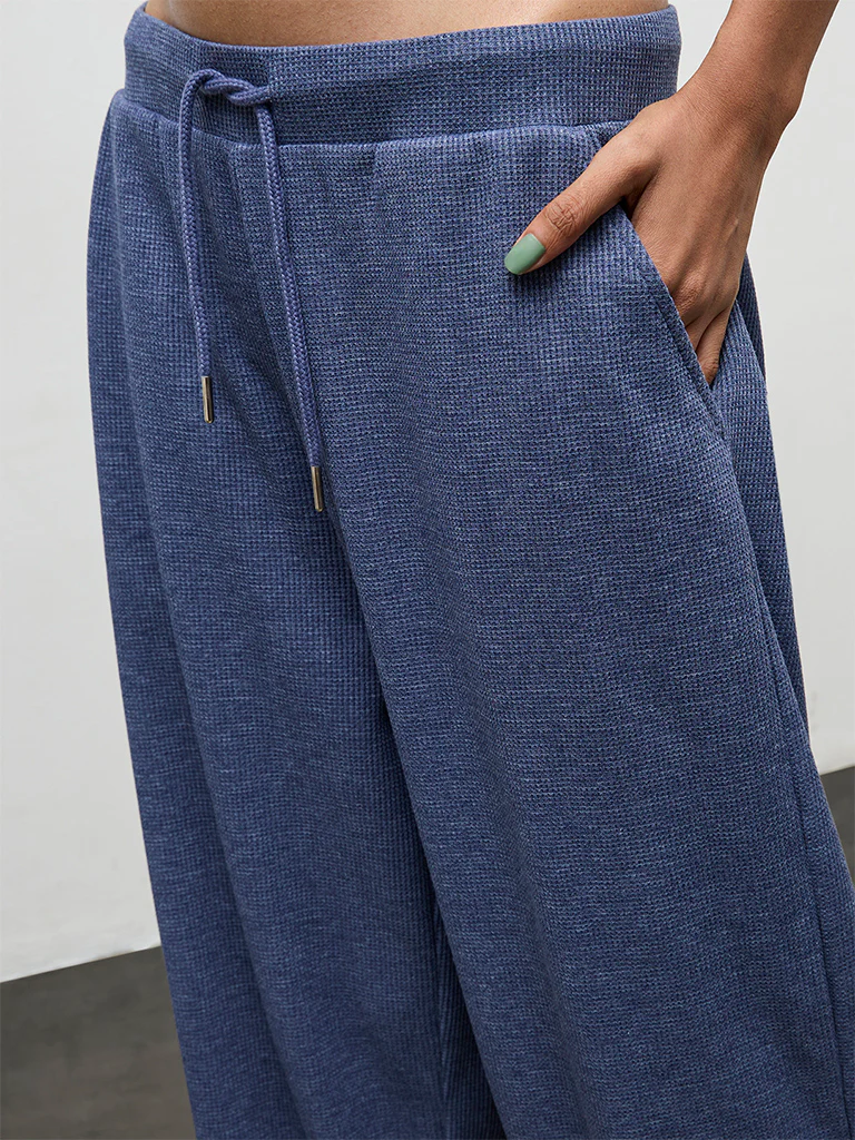 Superstar Dusty Blue Waffle Textured Cotton-Blend Pants - Image 3