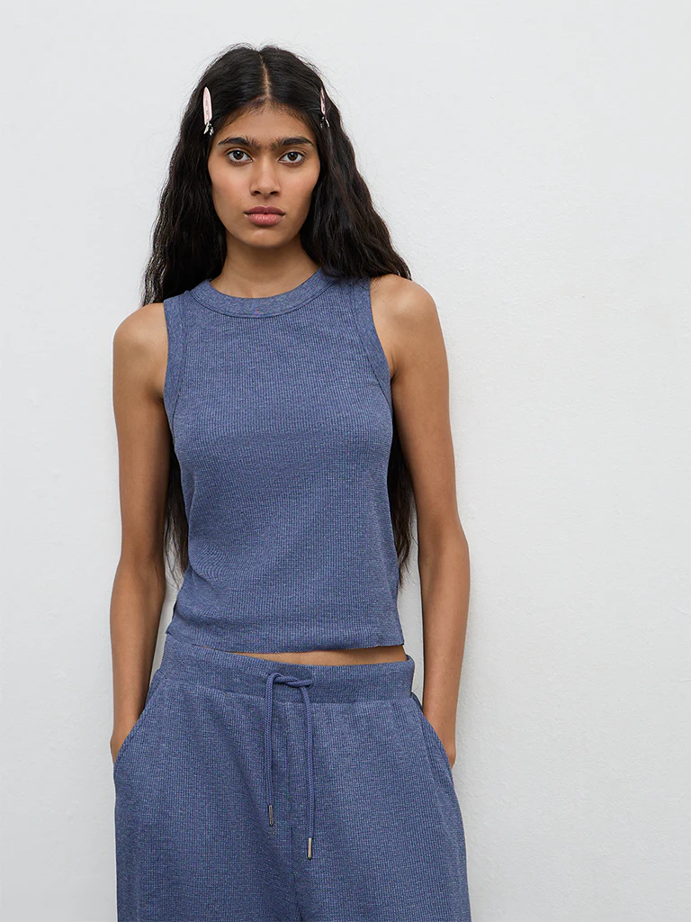 Superstar Dusty Blue Waffle Textured Cotton-Blend Top