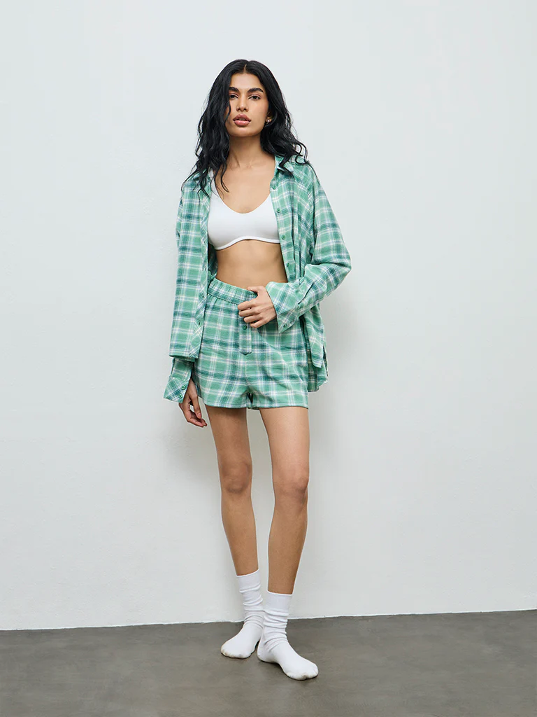 Superstar Green Checkered High-Rise Cotton Shorts