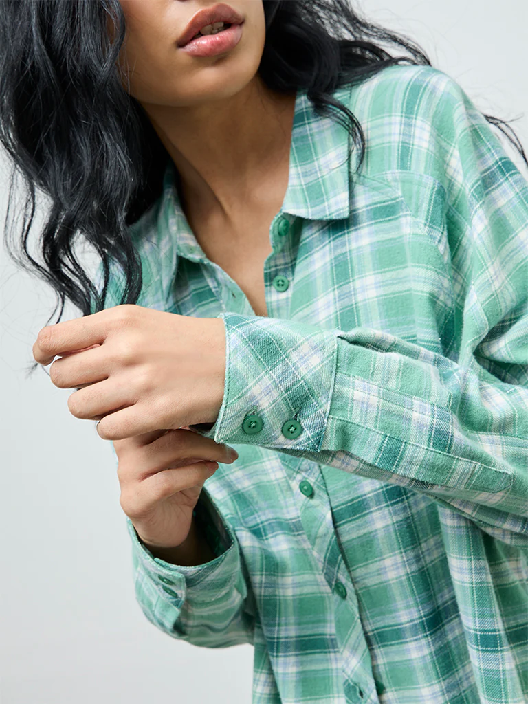 Superstar Green Oversized Checkered Cotton Shirt - Image 3