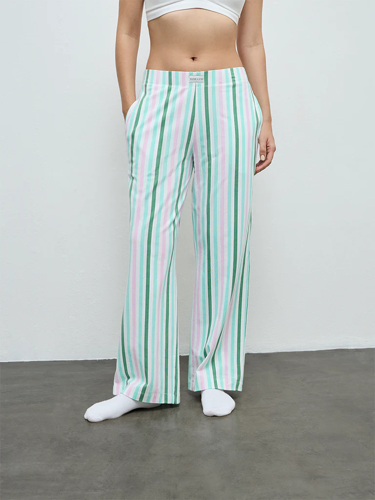 Superstar Green Striped Cotton-Blend High-Rise Pants - Image 2