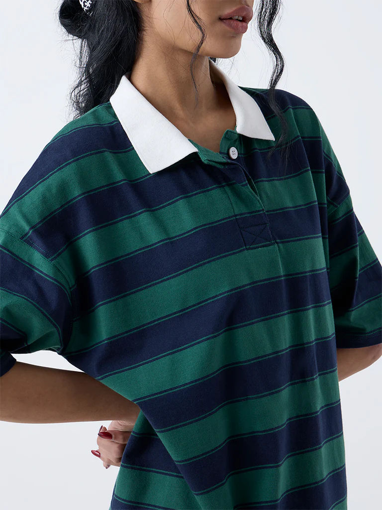Superstar Green Striped Drop Shoulder Cotton T-Shirt Dress - Image 3