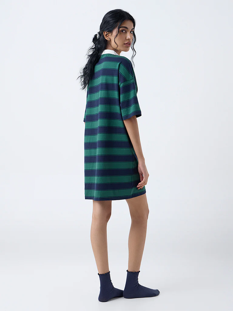 Superstar Green Striped Drop Shoulder Cotton T-Shirt Dress - Image 4