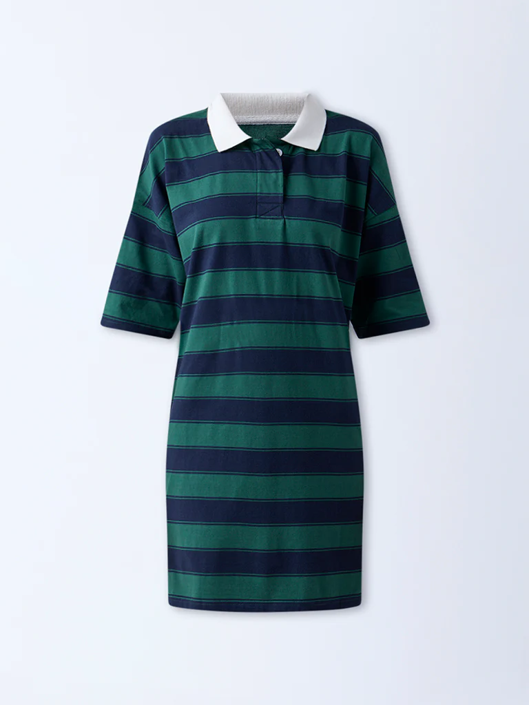Superstar Green Striped Drop Shoulder Cotton T-Shirt Dress - Image 5