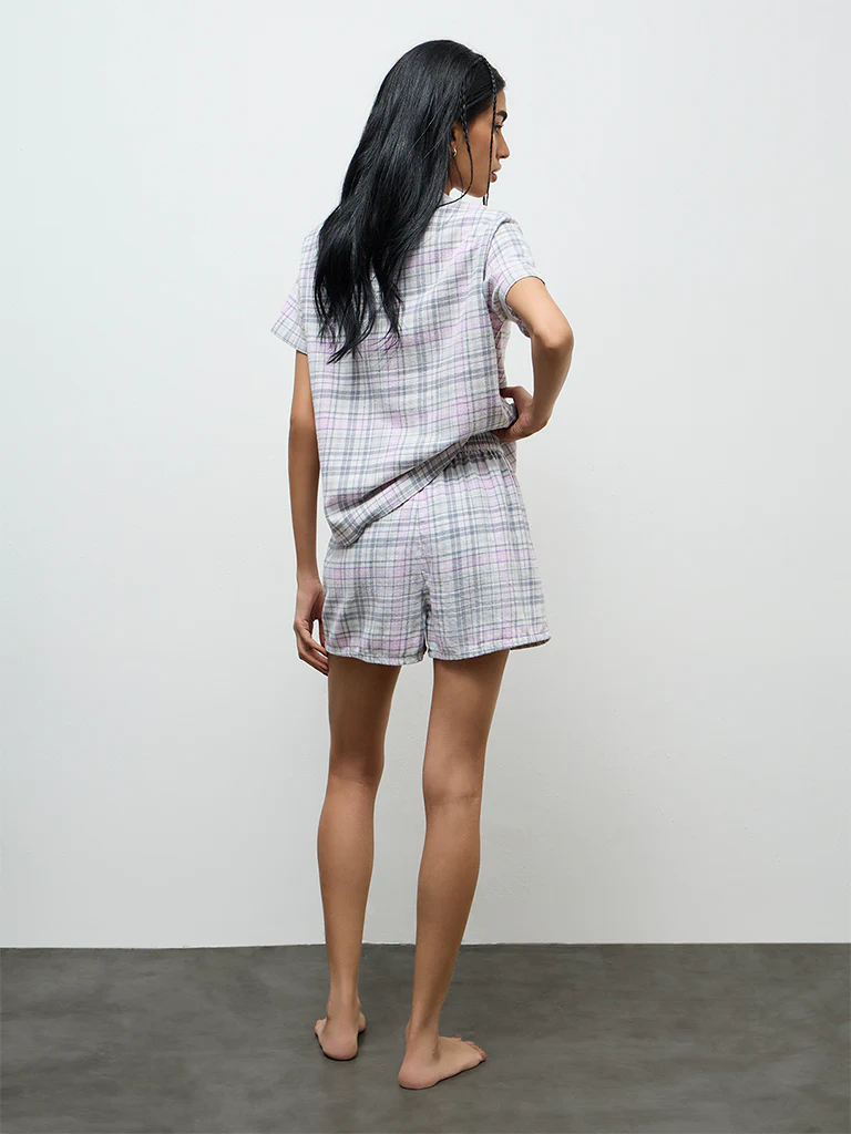 Superstar Grey Checkered High-Rise Cotton Shorts - Image 4