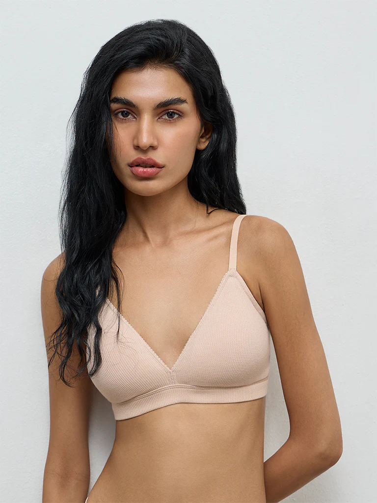 Superstar Light Beige Waffle-Textured Padded Cotton-Blend Bra - Image 2