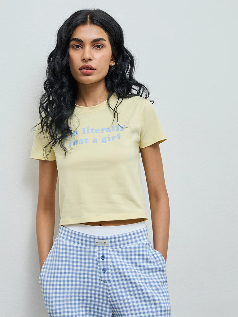 Superstar Light Yellow Text Printed Cotton T-Shirt