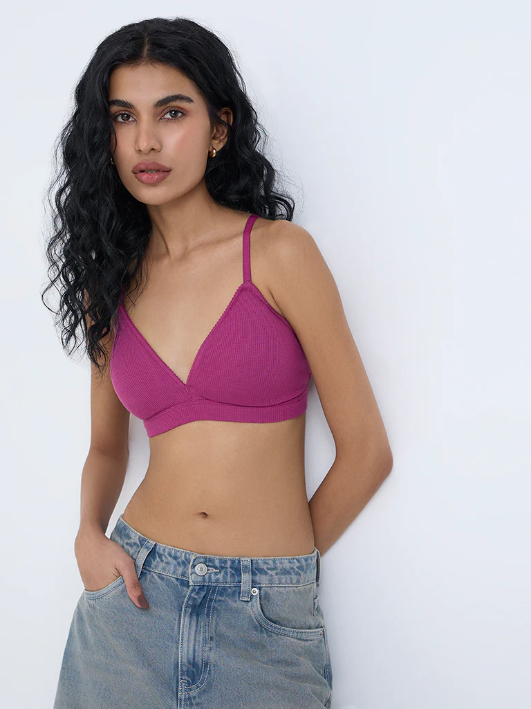 Superstar Magenta Waffle-Textured Padded Cotton-Blend Bra - Image 2
