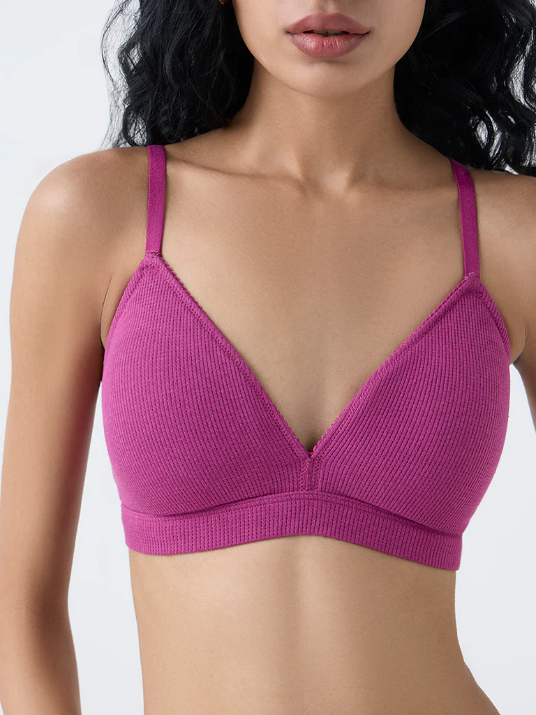 Superstar Magenta Waffle-Textured Padded Cotton-Blend Bra - Image 3