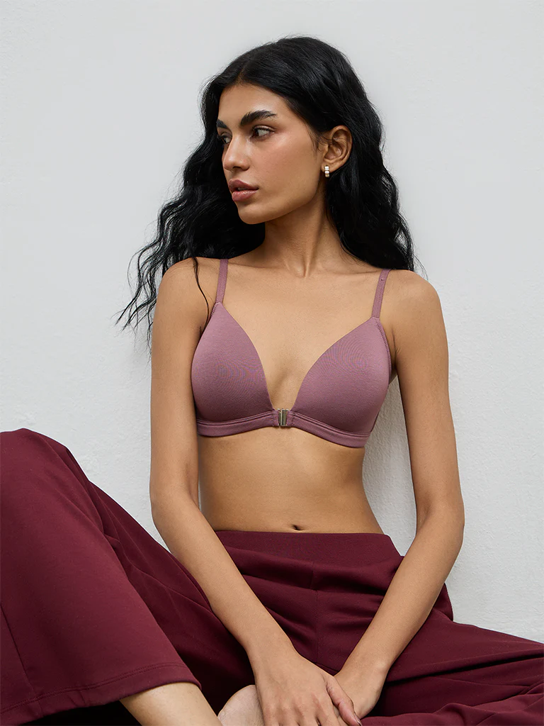 Superstar Mauve Solid Padded Front-Open Cotton-Blend Bra