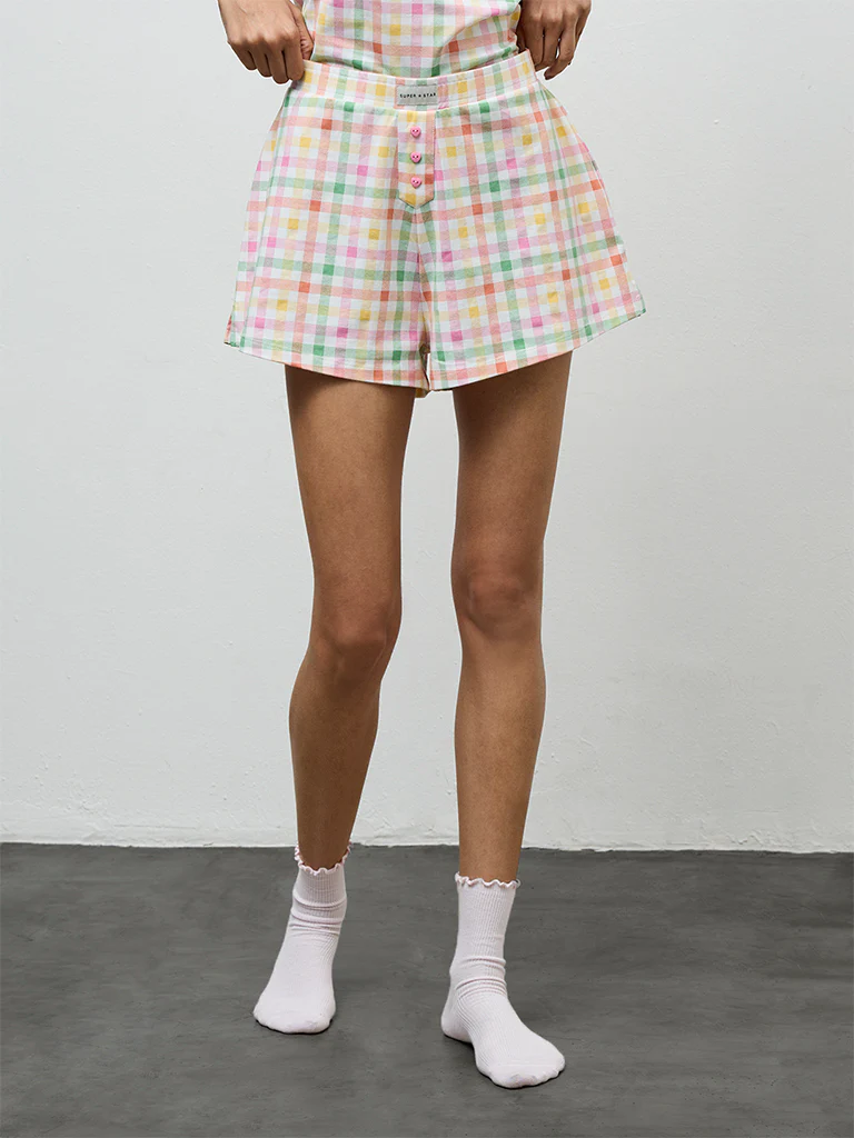Superstar Multicolor Checkered High-Rise Cotton-Blend Shorts - Image 2