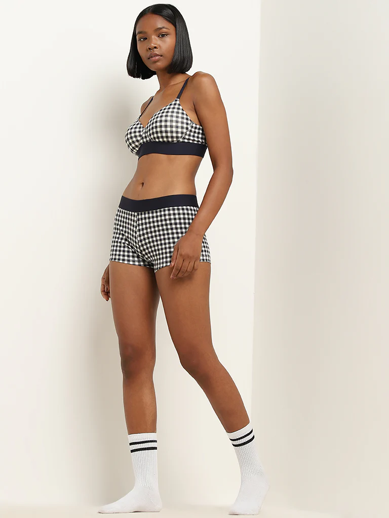 Superstar Navy Checkered Boy Shorts Cotton-Blend Briefs