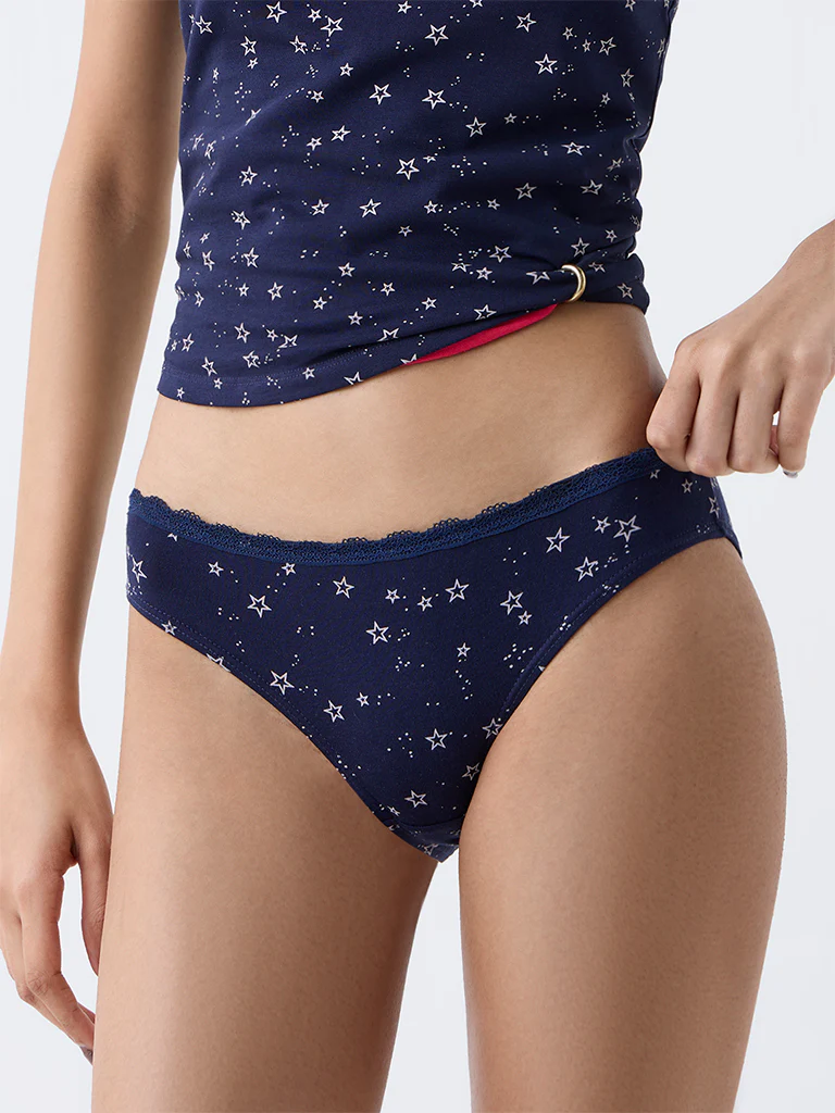 Superstar Navy Printed Cotton-Blend Bikini Briefs - Pack of 2 - Image 2