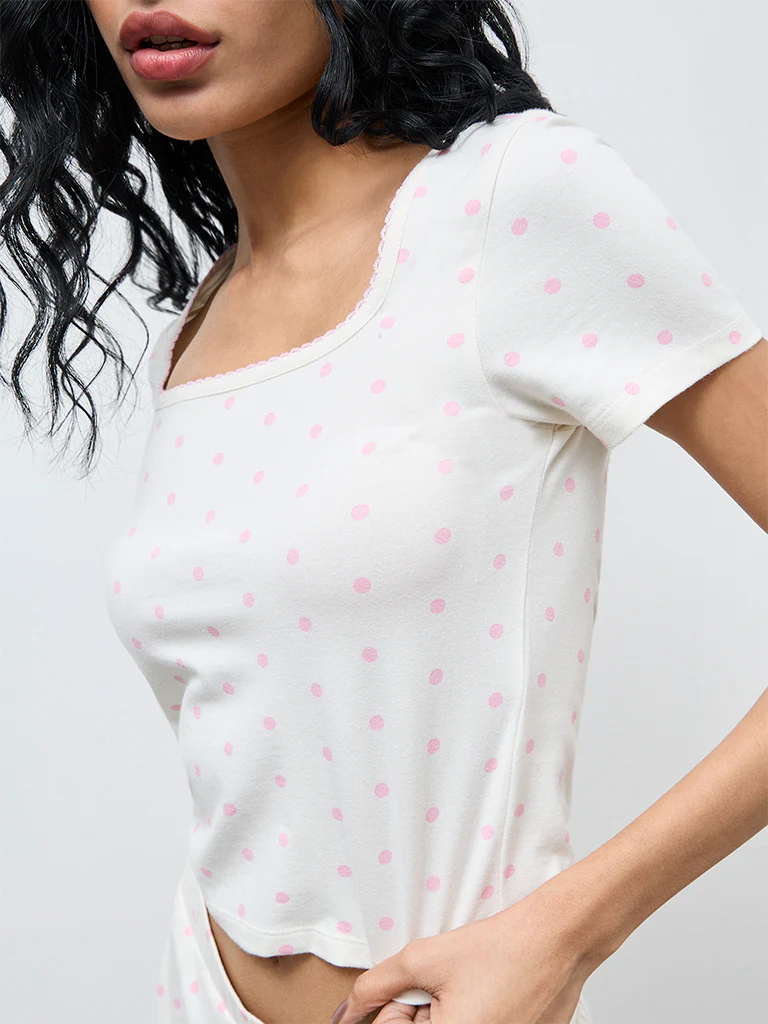 Superstar Off-White Polka Dot Cotton-Blend Top - Image 3