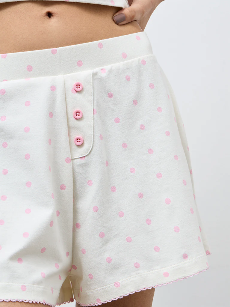 Superstar Off-White Polka Dot High-Rise Cotton-Blend Shorts - Image 3