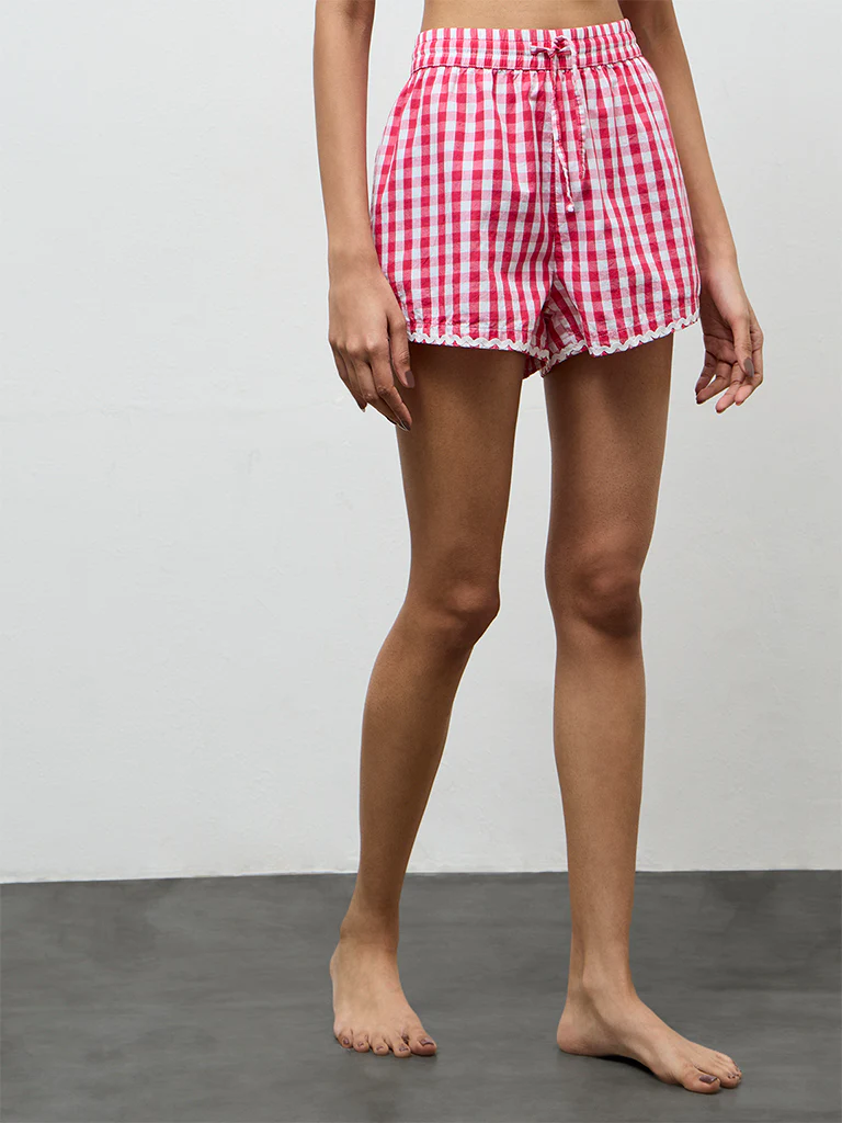 Superstar Pink Checkered High-Rise Cotton Shorts - Image 2
