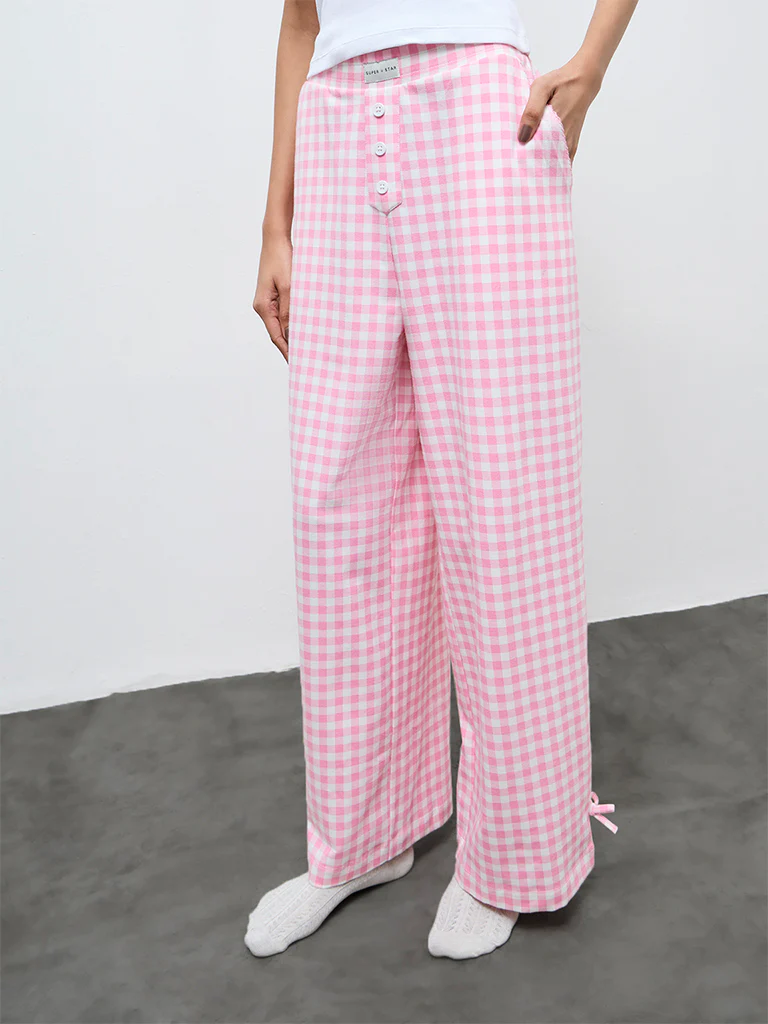 Superstar Pink Gingham Checkered High-Rise Cotton-Blend Pants - Image 2