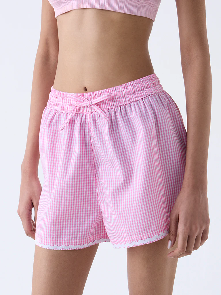 Superstar Pink Gingham Checkered High-Rise Cotton Shorts - Image 2