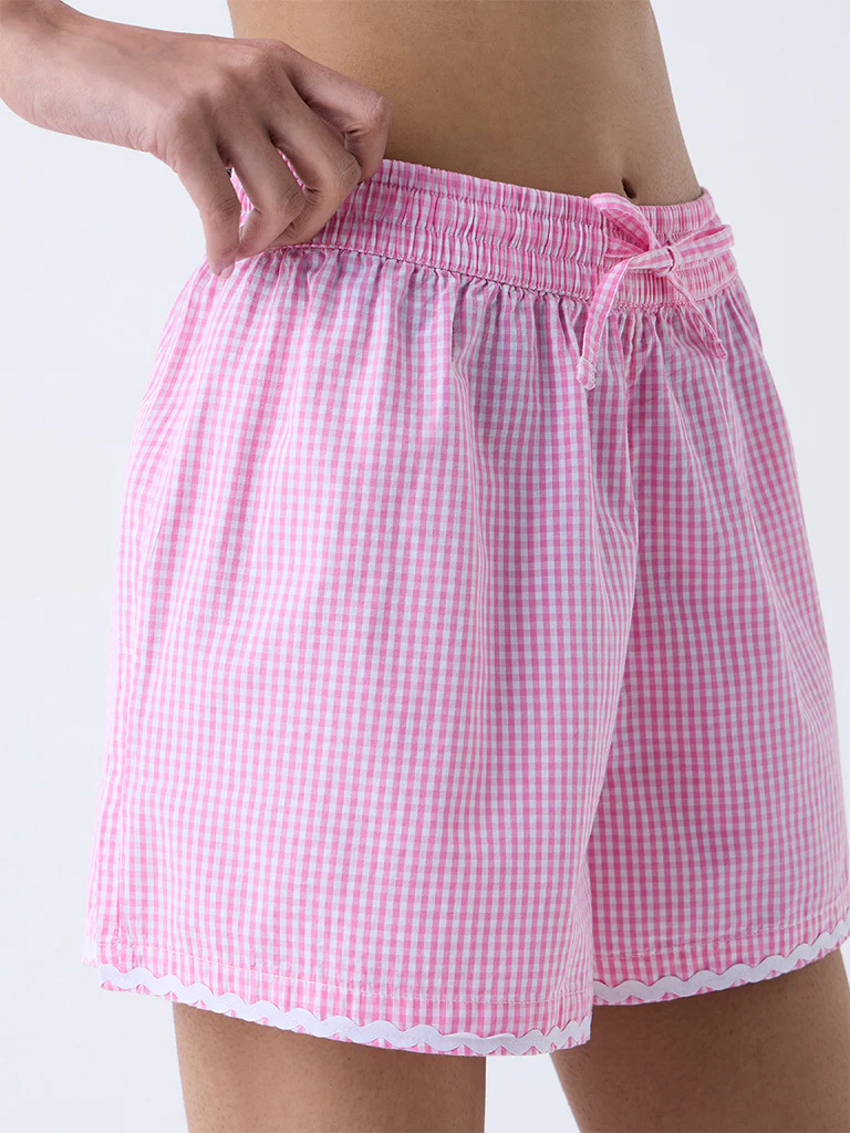 Superstar Pink Gingham Checkered High-Rise Cotton Shorts - Image 3