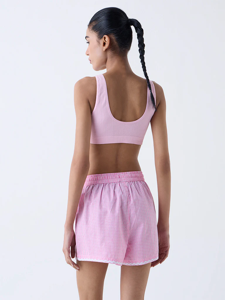 Superstar Pink Gingham Checkered High-Rise Cotton Shorts - Image 4