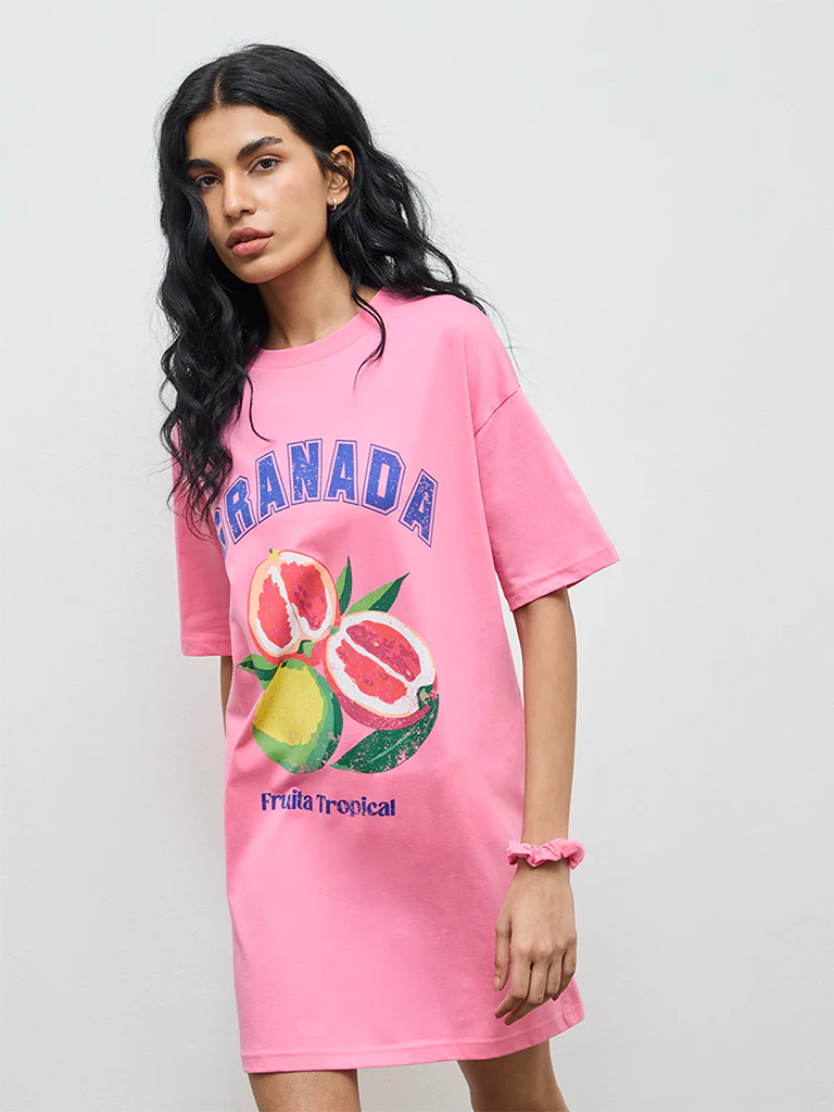 Superstar Pink Graphic Design Cotton T-Shirt Dress - Image 2