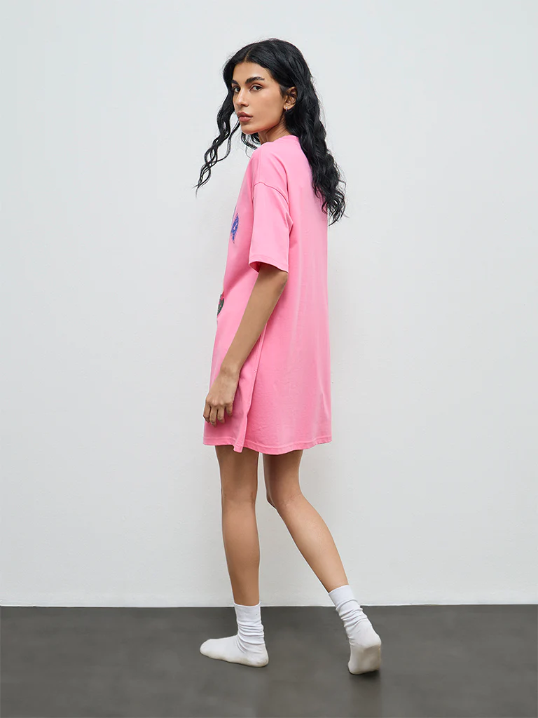 Superstar Pink Graphic Design Cotton T-Shirt Dress - Image 4
