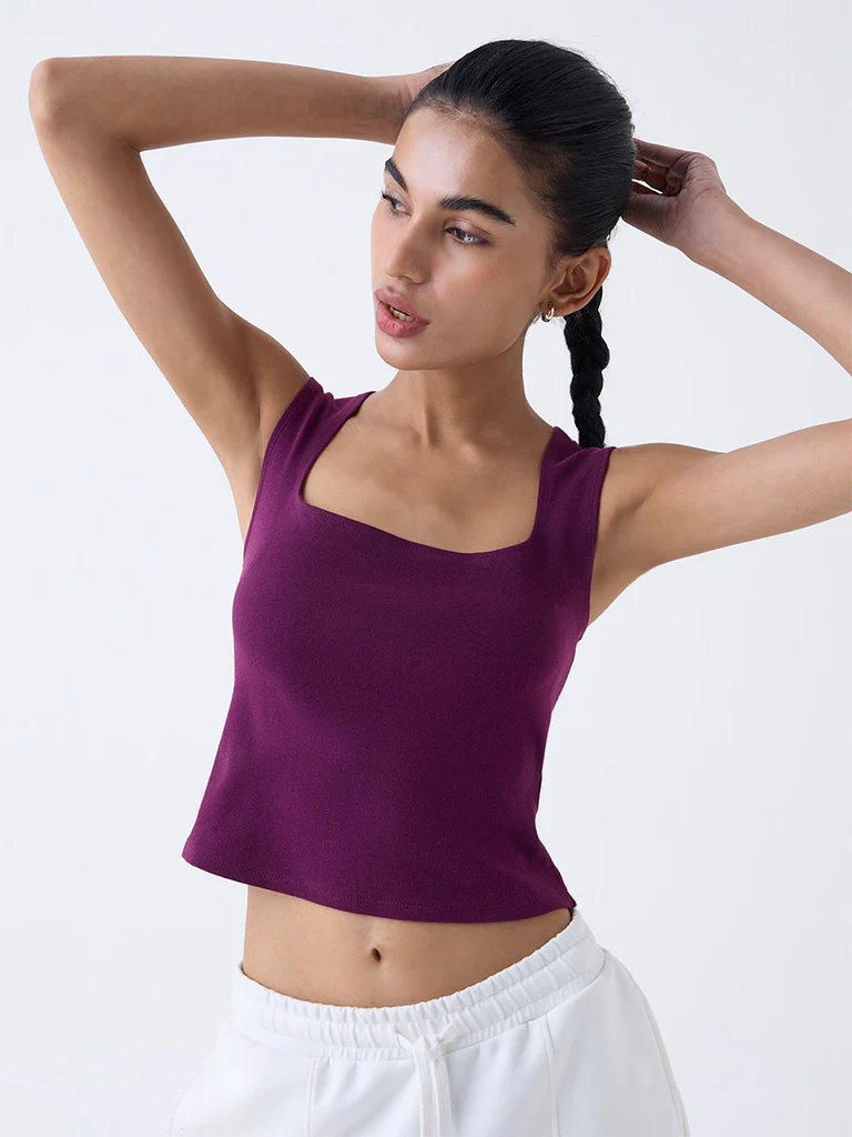 Superstar Plum Solid Cotton-Blend Tank Top