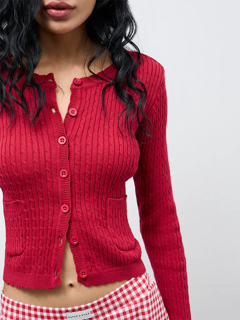Superstar Red Cable-Knit Cotton Cardigan - Image 3