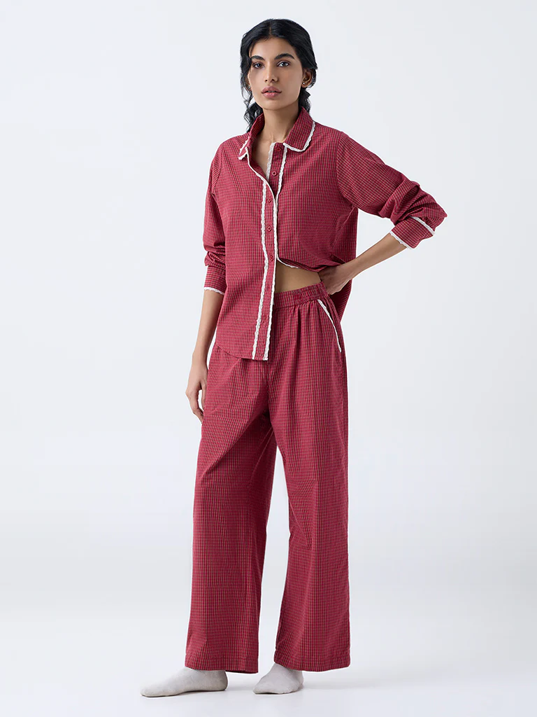 Superstar Red Checkered High-Rise Cotton Pants