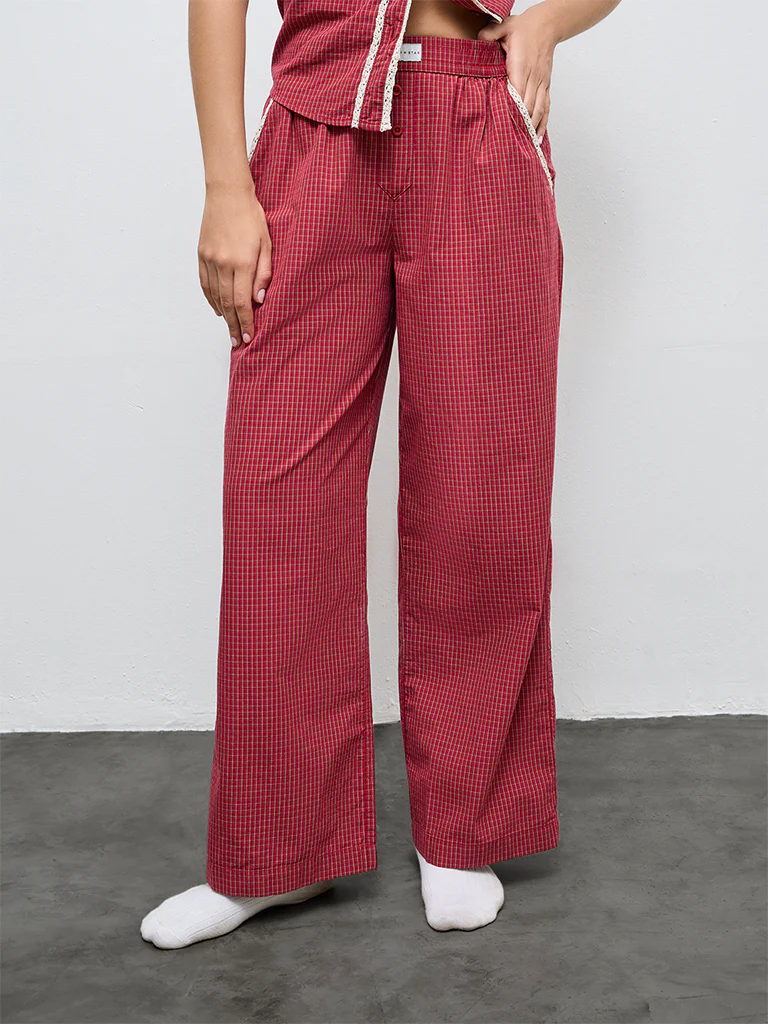 Superstar Red Checkered High-Rise Cotton Pants - Image 2