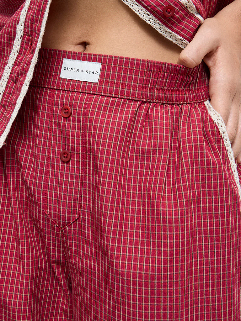 Superstar Red Checkered High-Rise Cotton Pants - Image 3