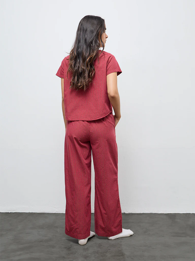 Superstar Red Checkered High-Rise Cotton Pants - Image 4