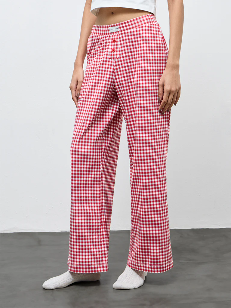 Superstar Red Gingham Checkered High-Rise Cotton-Blend Pants - Image 2