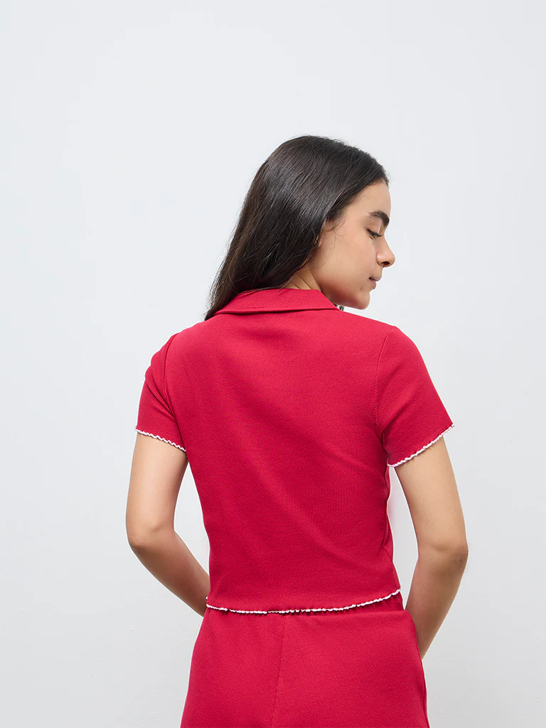 Superstar Red Ribbed Cotton-Blend Shirt - Image 4