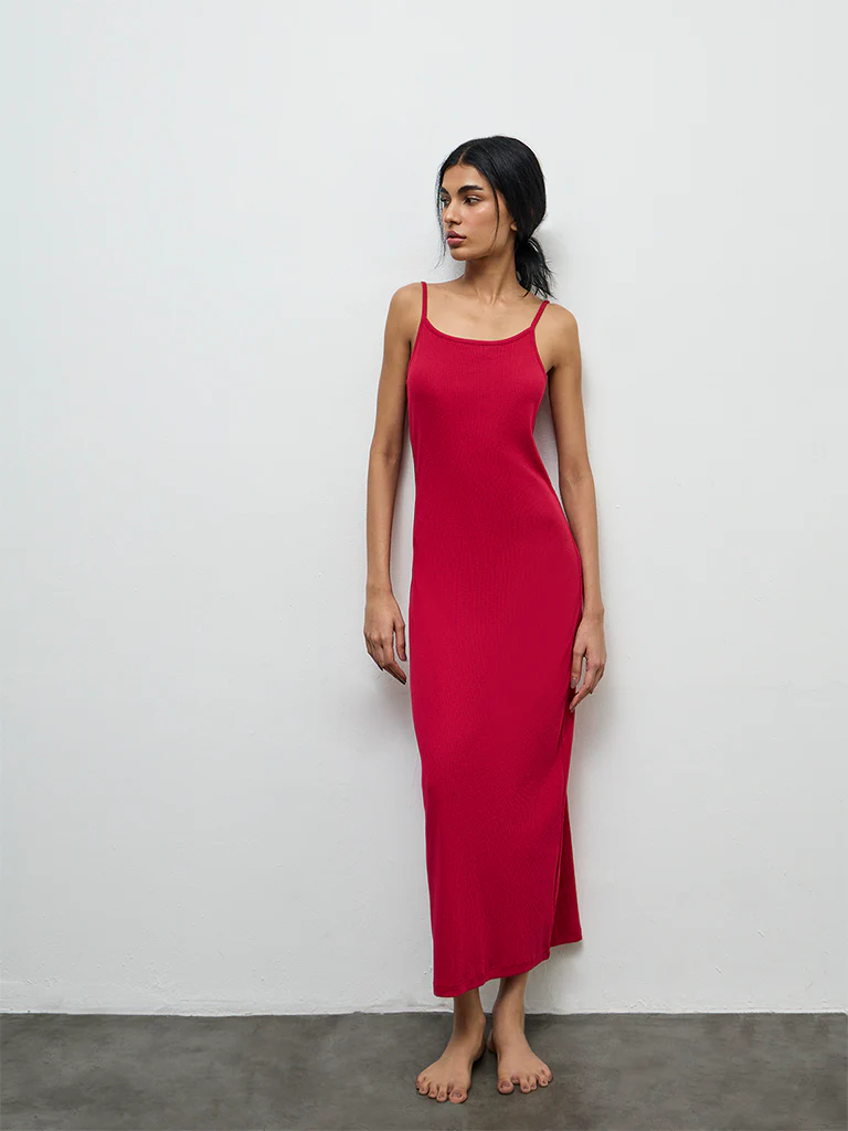 Superstar Red Ribbed Cotton-Blend Straight Lounge Dress - Image 2