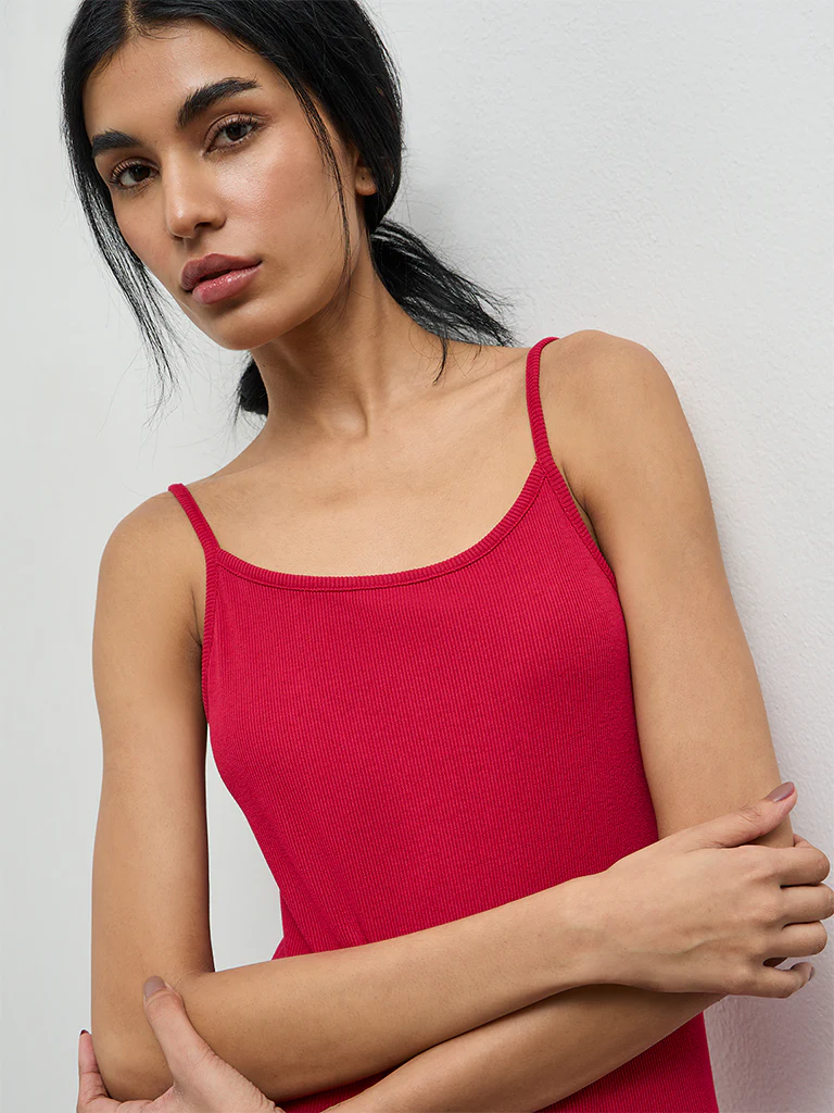 Superstar Red Ribbed Cotton-Blend Straight Lounge Dress - Image 3