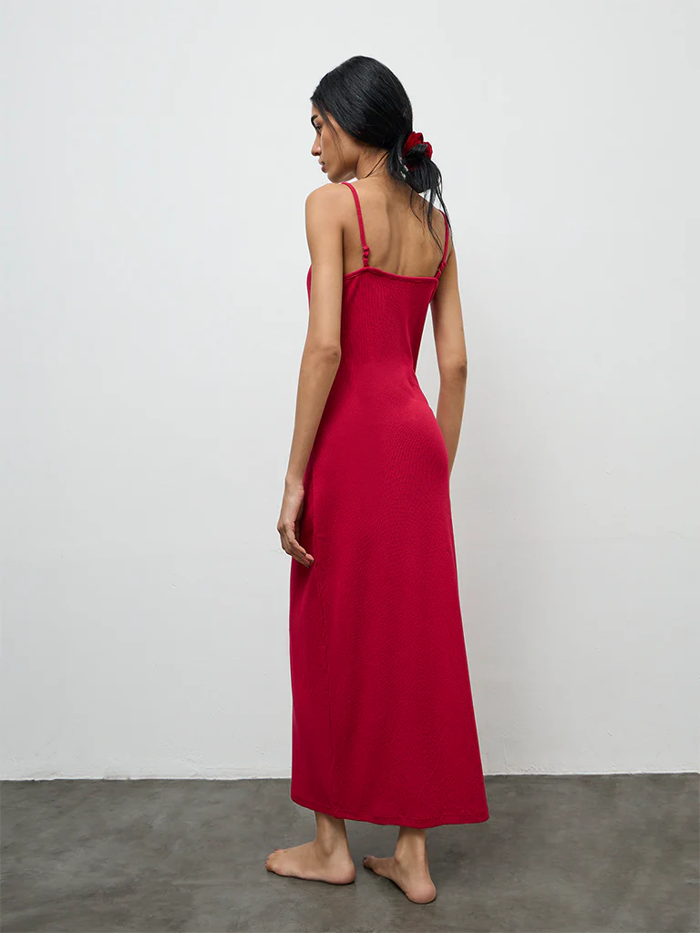 Superstar Red Ribbed Cotton-Blend Straight Lounge Dress - Image 4