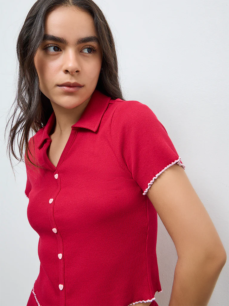 Superstar Red Ribbed Cotton-Blend Top - Image 3
