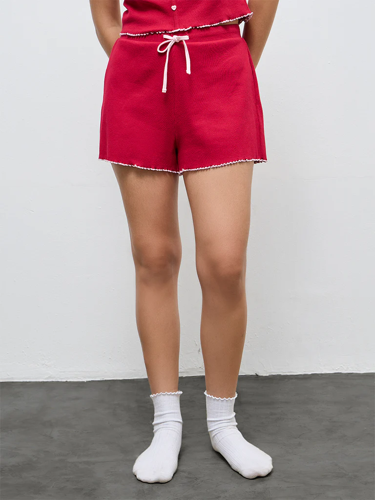 Superstar Red Ribbed High-Rise Cotton-Blend Shorts - Image 2