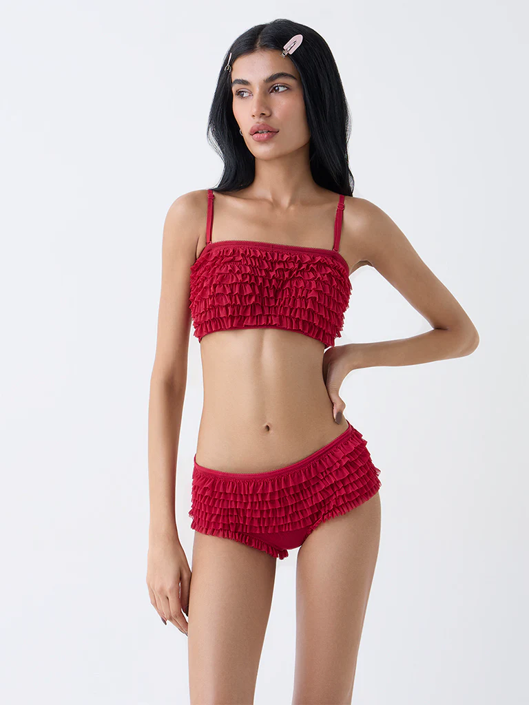 Superstar Red Ruffle-Detailed Padded Bandeau Bra