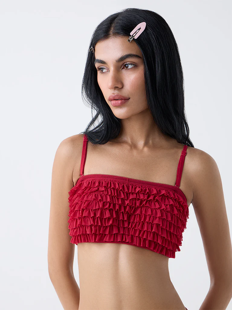 Superstar Red Ruffle-Detailed Padded Bandeau Bra - Image 2