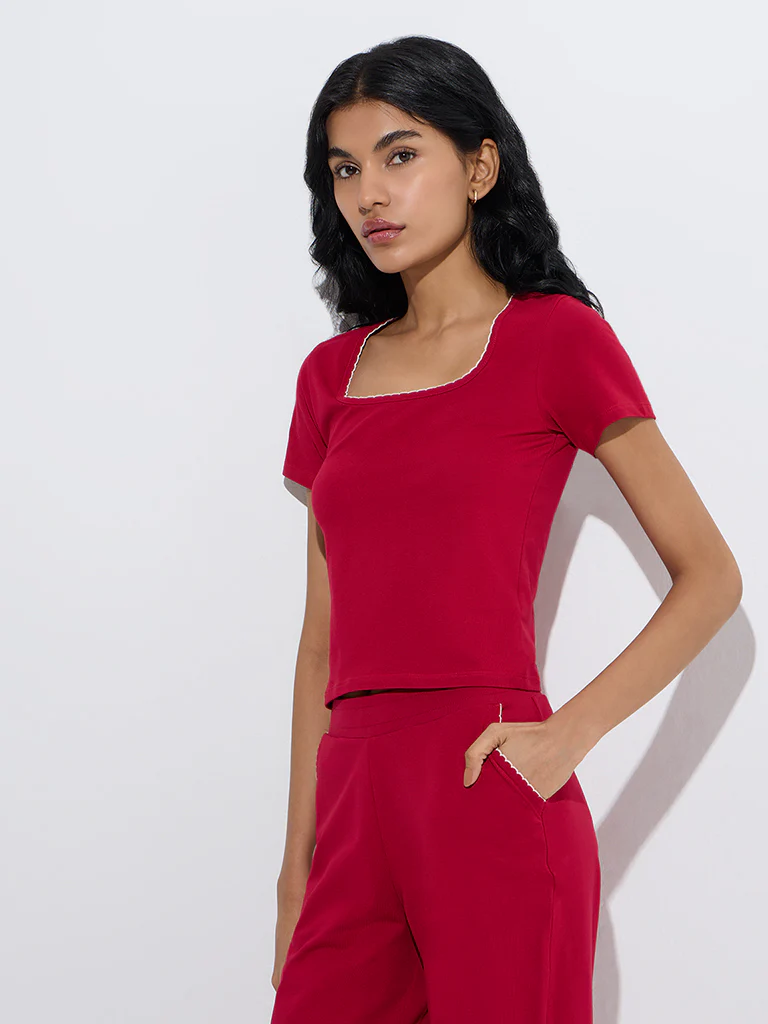 Superstar Red Solid Cotton-Blend Top - Image 2