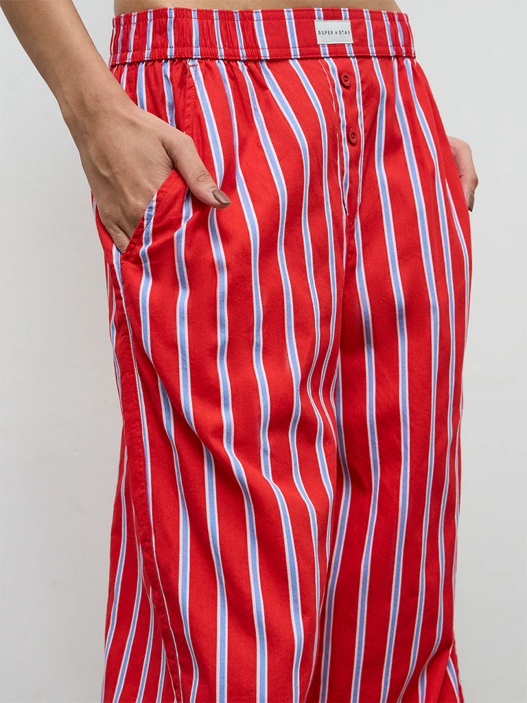 Superstar Red Striped High-Rise Cotton Pants - Image 3