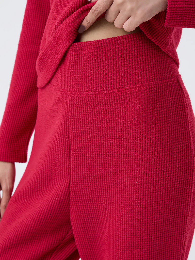Superstar Red Waffle-Textured Flared Pants - Image 4