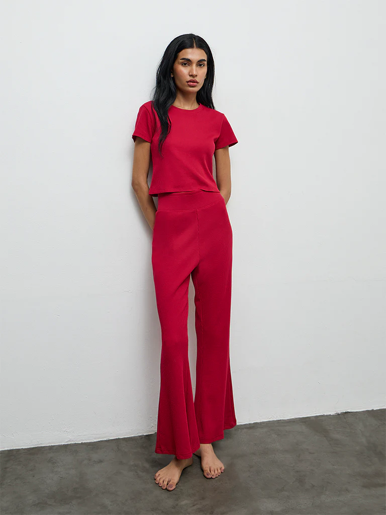 Superstar Red Waffle-Textured High-Rise Pants